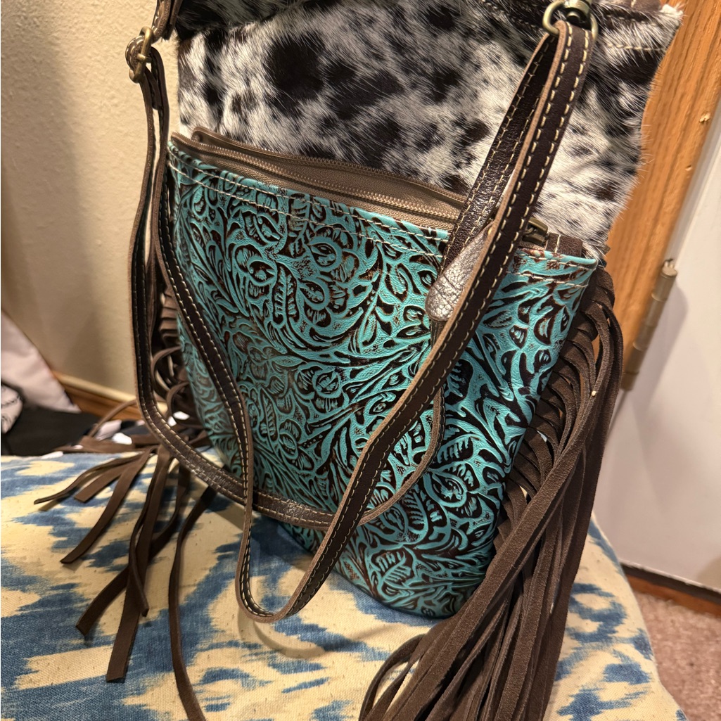 Myra Brown And Turquoise Patterned Women's Bag With Real Cow Hide. Brand New.